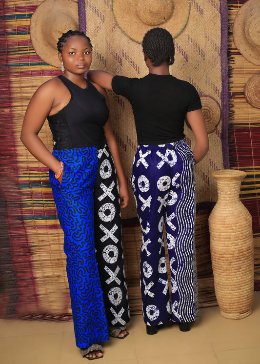 Women's Blue X-Pattern Pants Set with Black Top