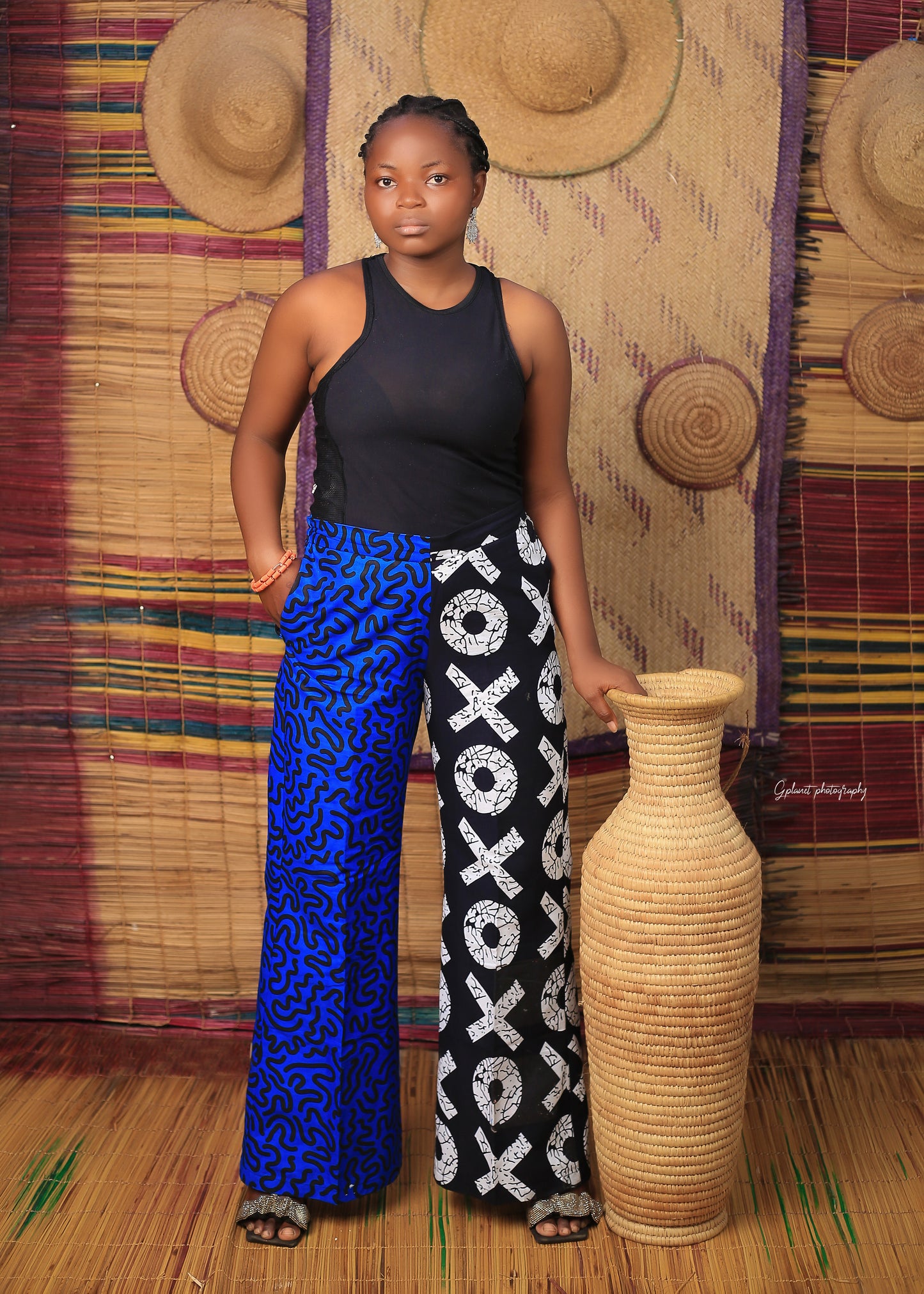Women's Blue X-Pattern Pants Set with Black Top