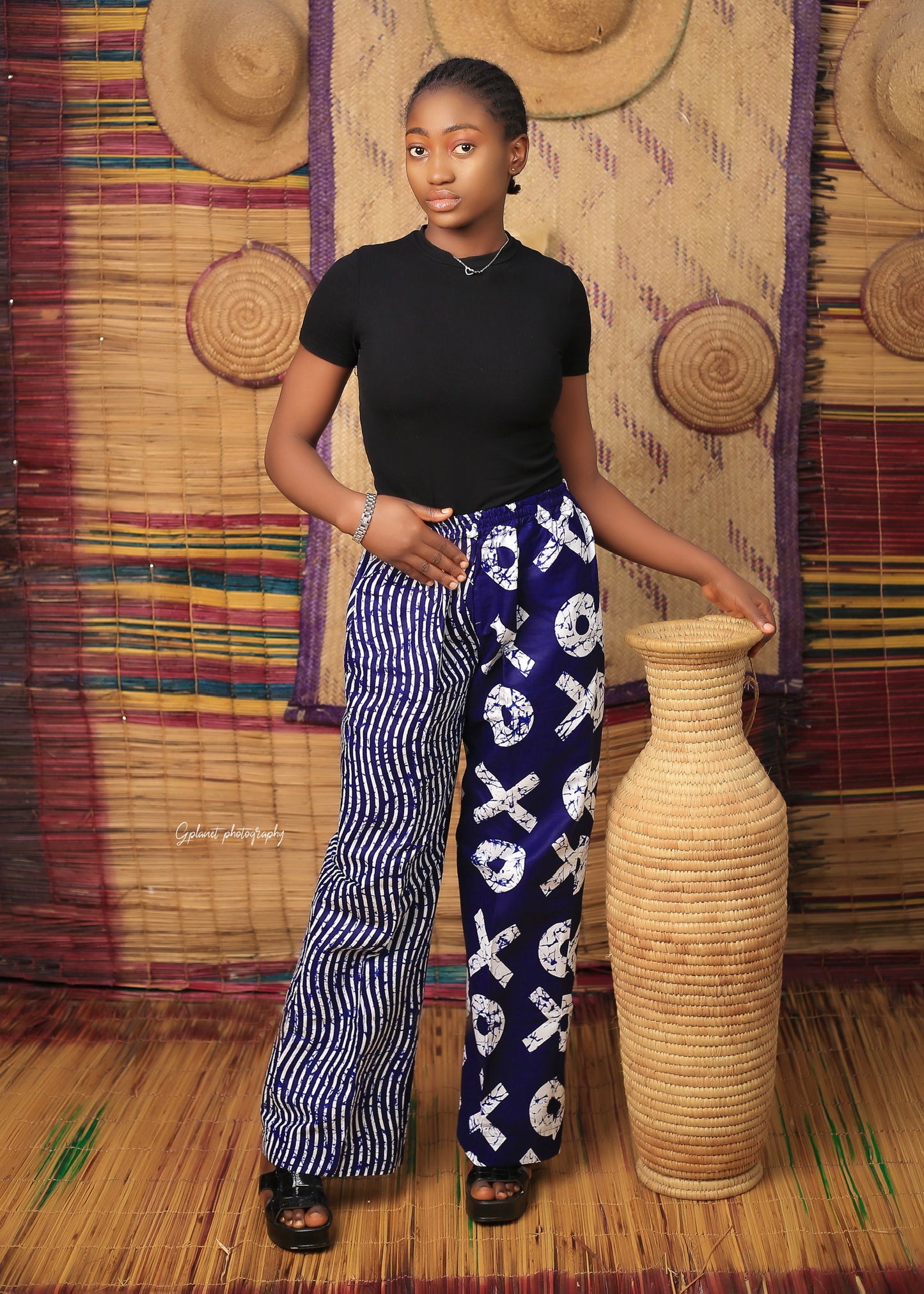 Women's Blue X-Pattern Pants Set with Black Top