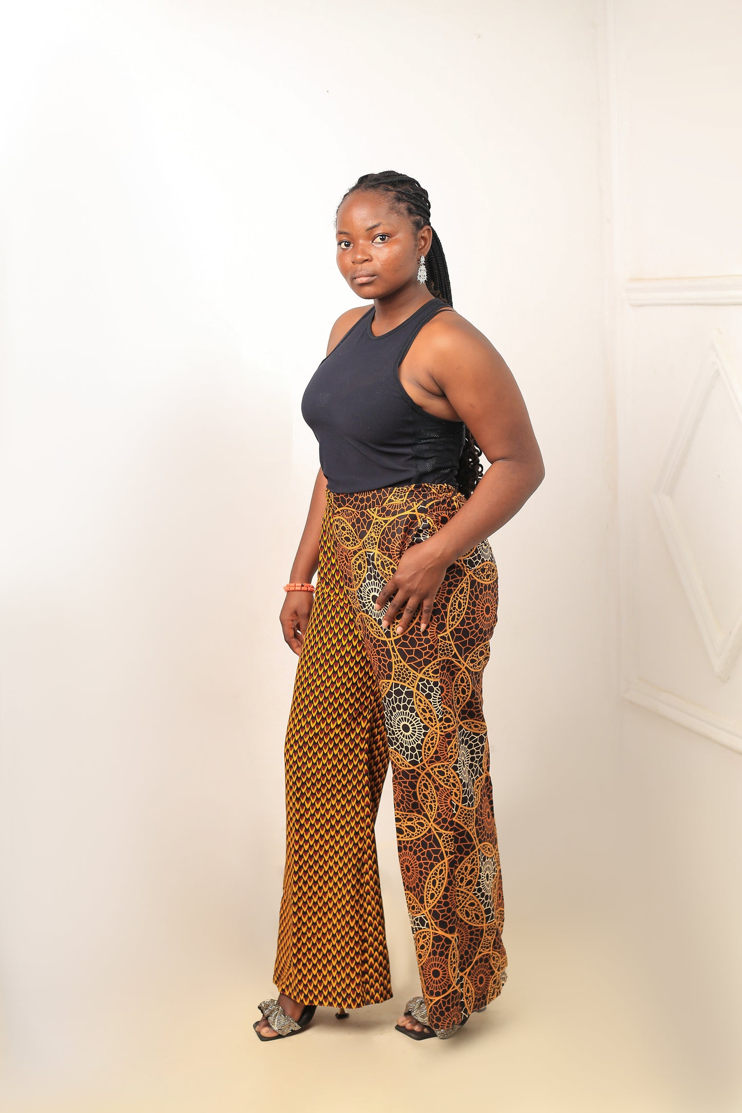 Women's Blue X-Pattern Pants Set with Black Top