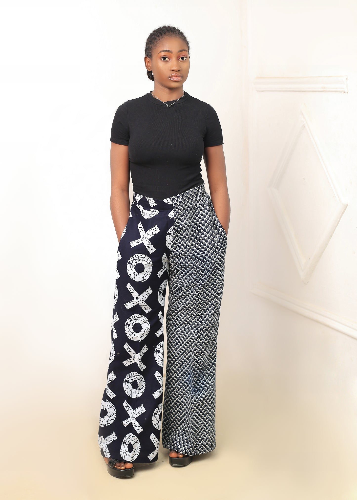 Women's Blue X-Pattern Pants Set with Black Top