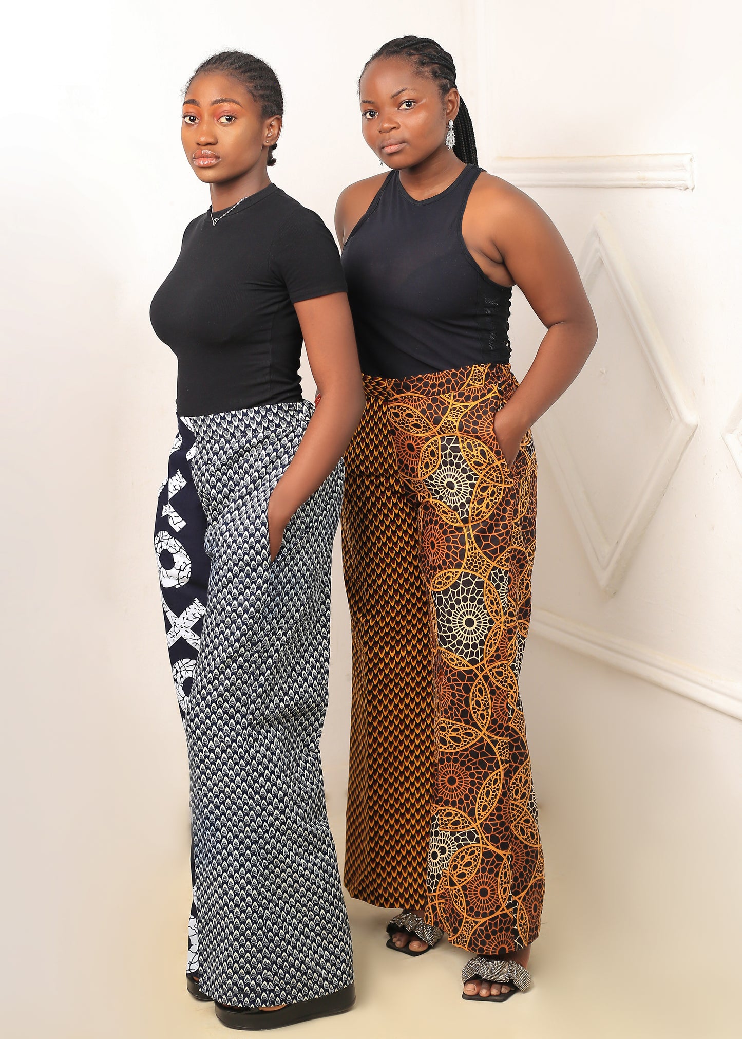Women's Blue X-Pattern Pants Set with Black Top