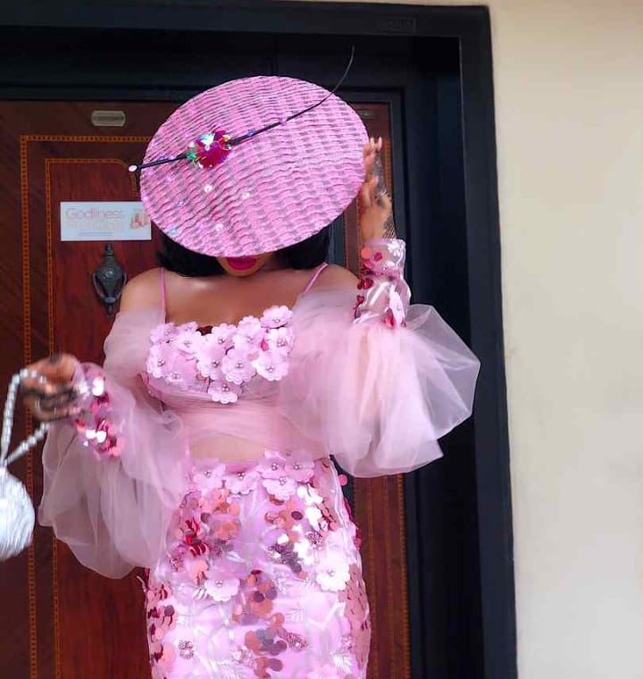 Bespoke Pink Floral Sequin Gown with Matching Hat