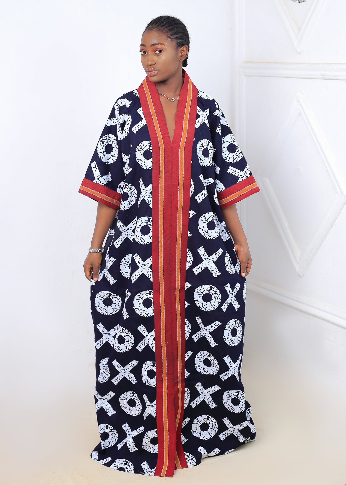 Women's Black & White Patterned Caftan with Orange Trim