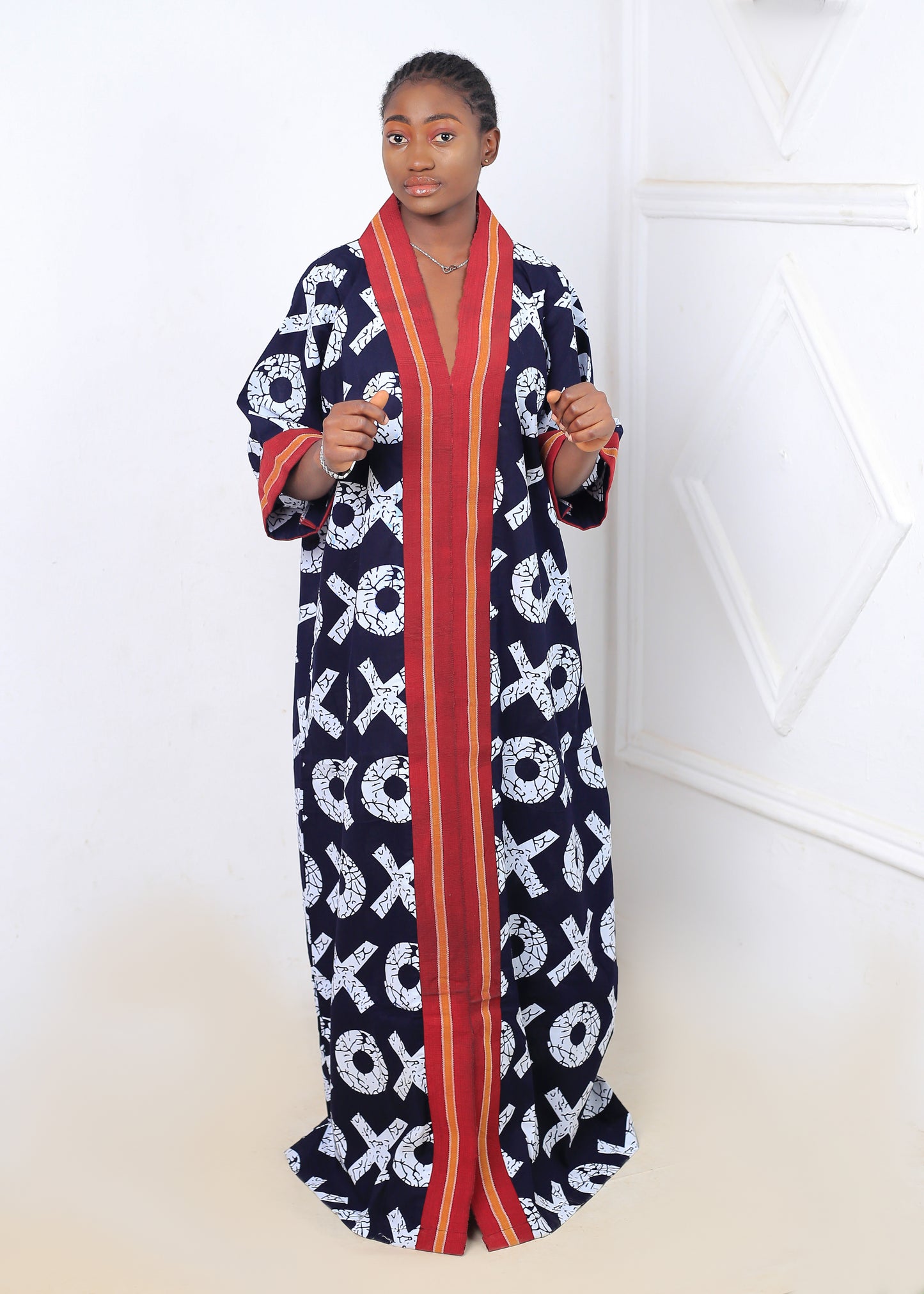Women's Black & White Patterned Caftan with Orange Trim