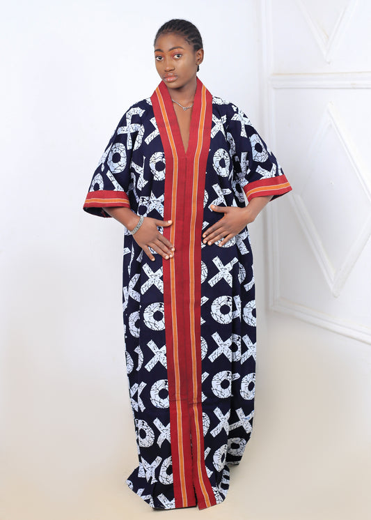 Women's Black & White Patterned Caftan with Orange Trim