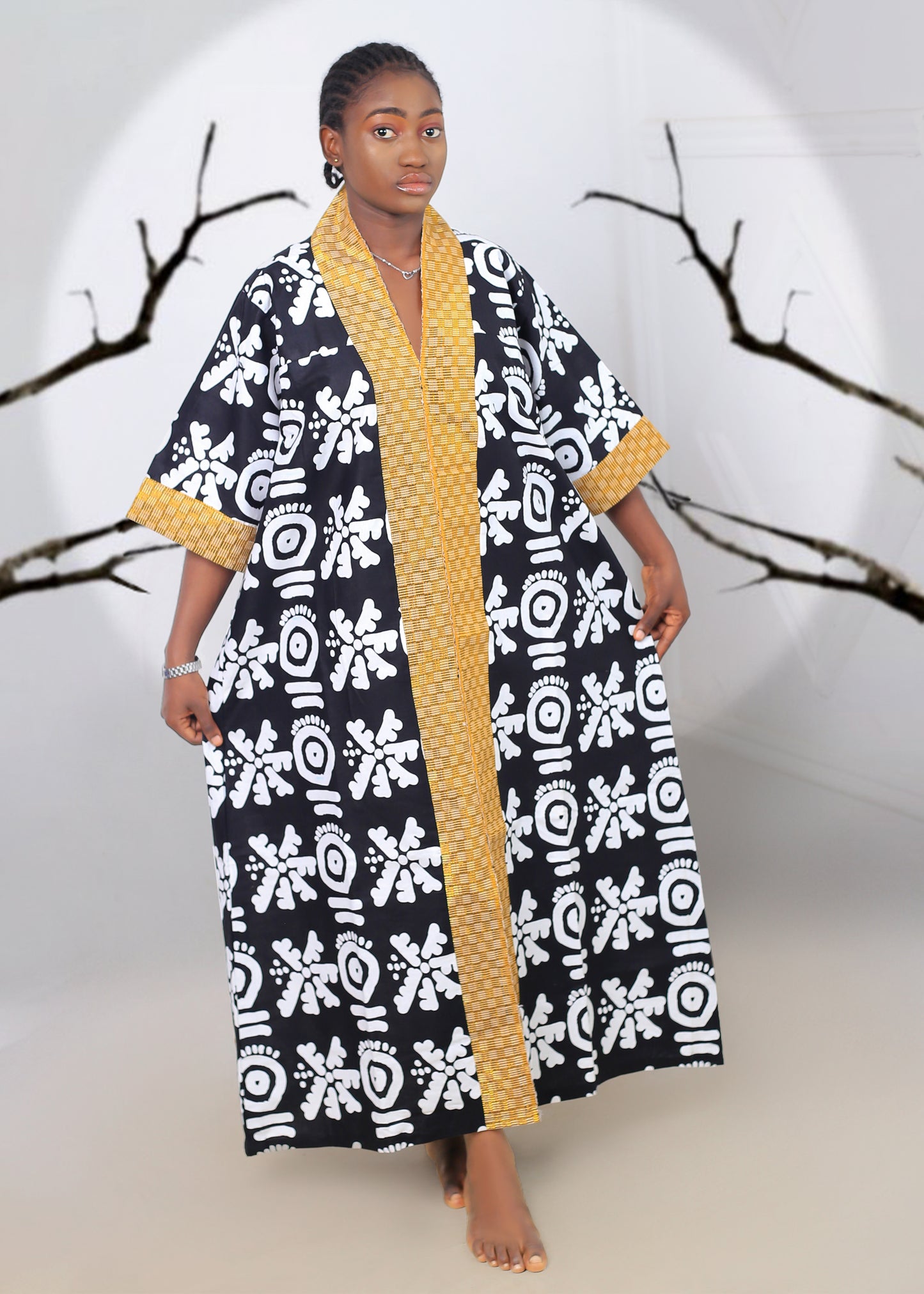 Women's Black & White Patterned Caftan with Orange Trim
