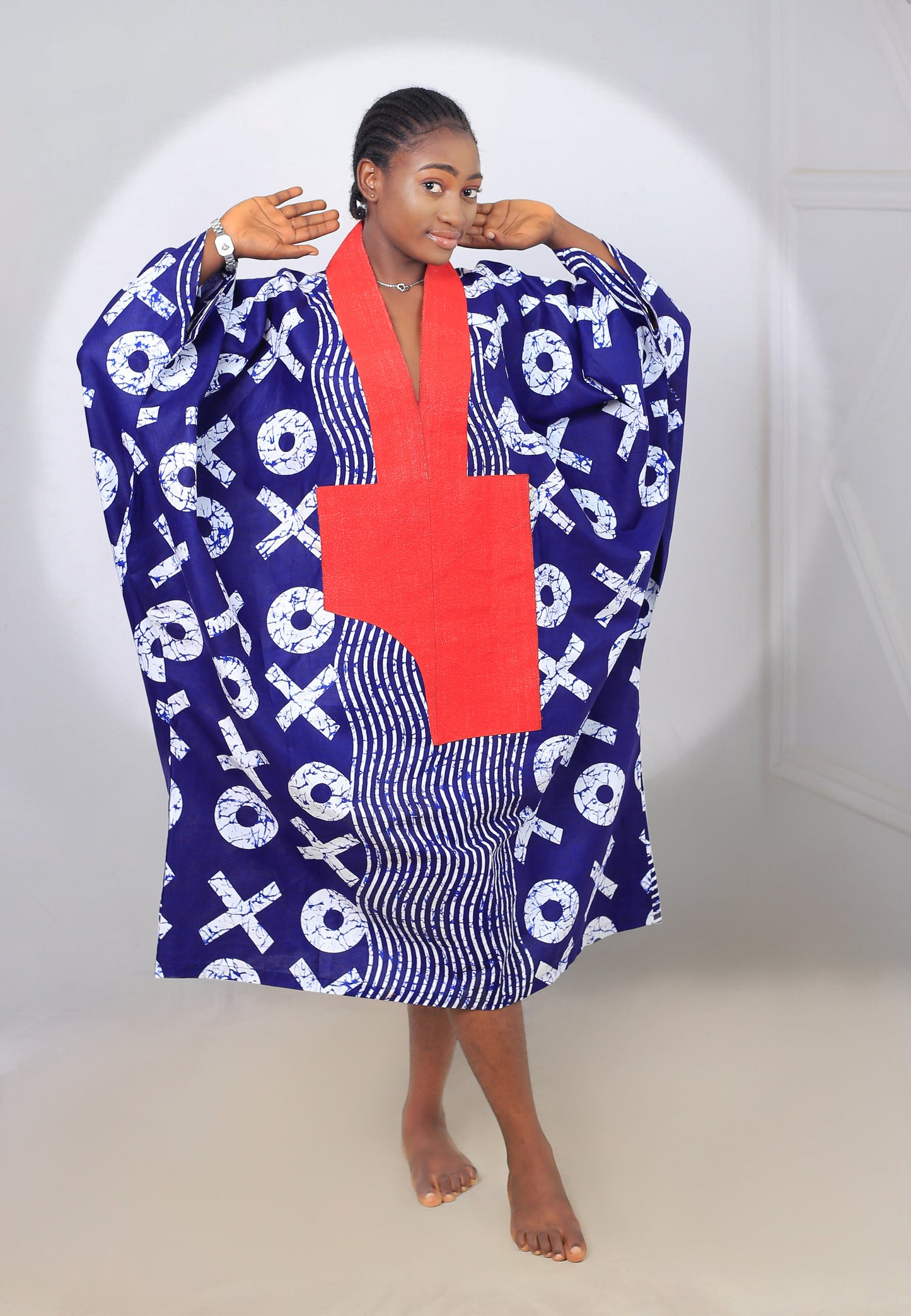 Women's Blue X-Pattern Caftan with Red Accent