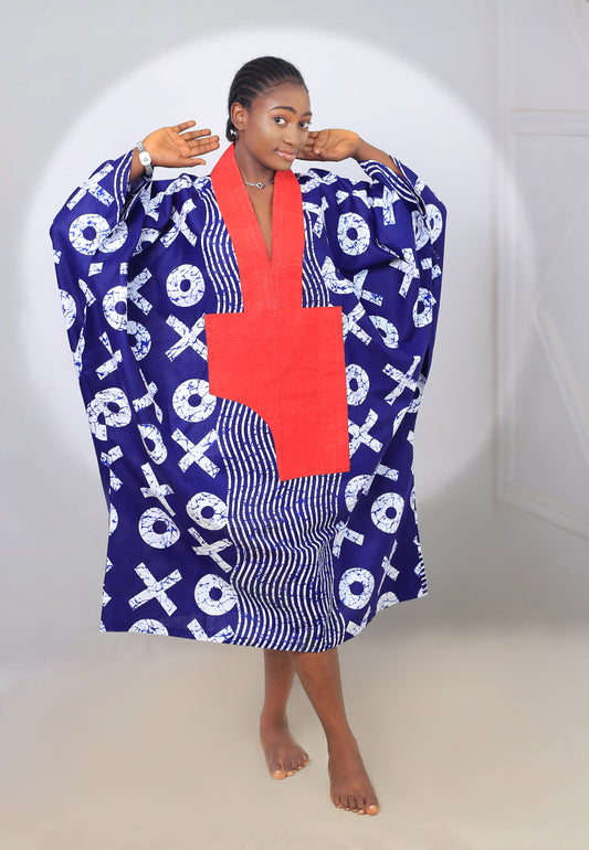 Women's Blue X-Pattern Caftan with Red Accent
