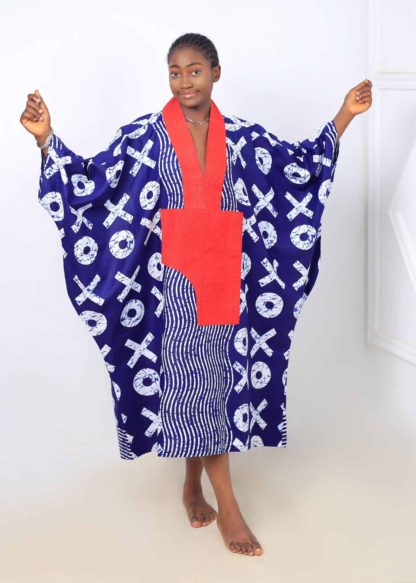 Women's Blue X-Pattern Caftan with Red Accent