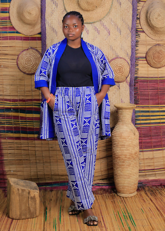 Women's Blue Patterned Jacket & Pants Two-Piece Set