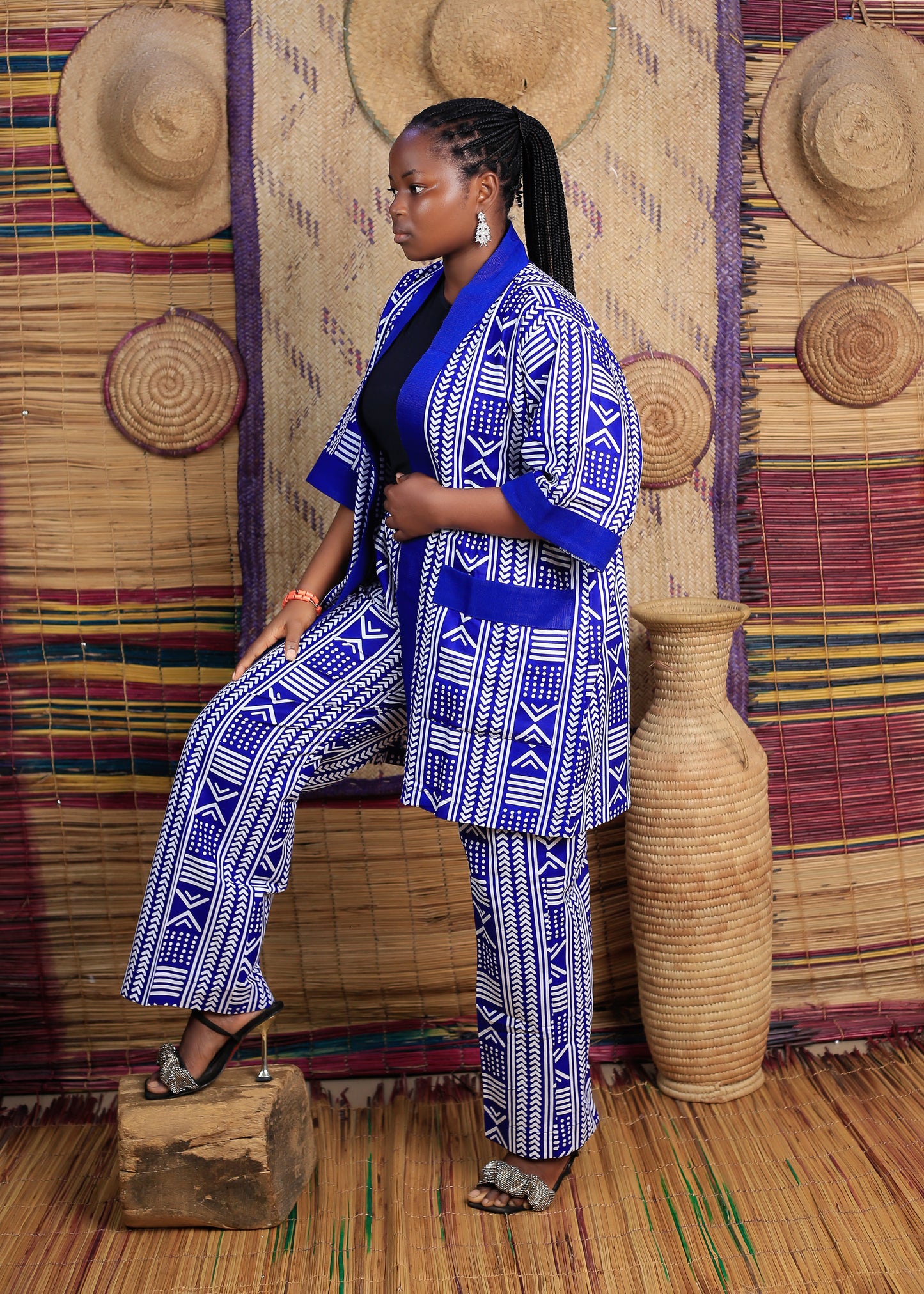 Women's Blue Patterned Jacket & Pants Two-Piece Set