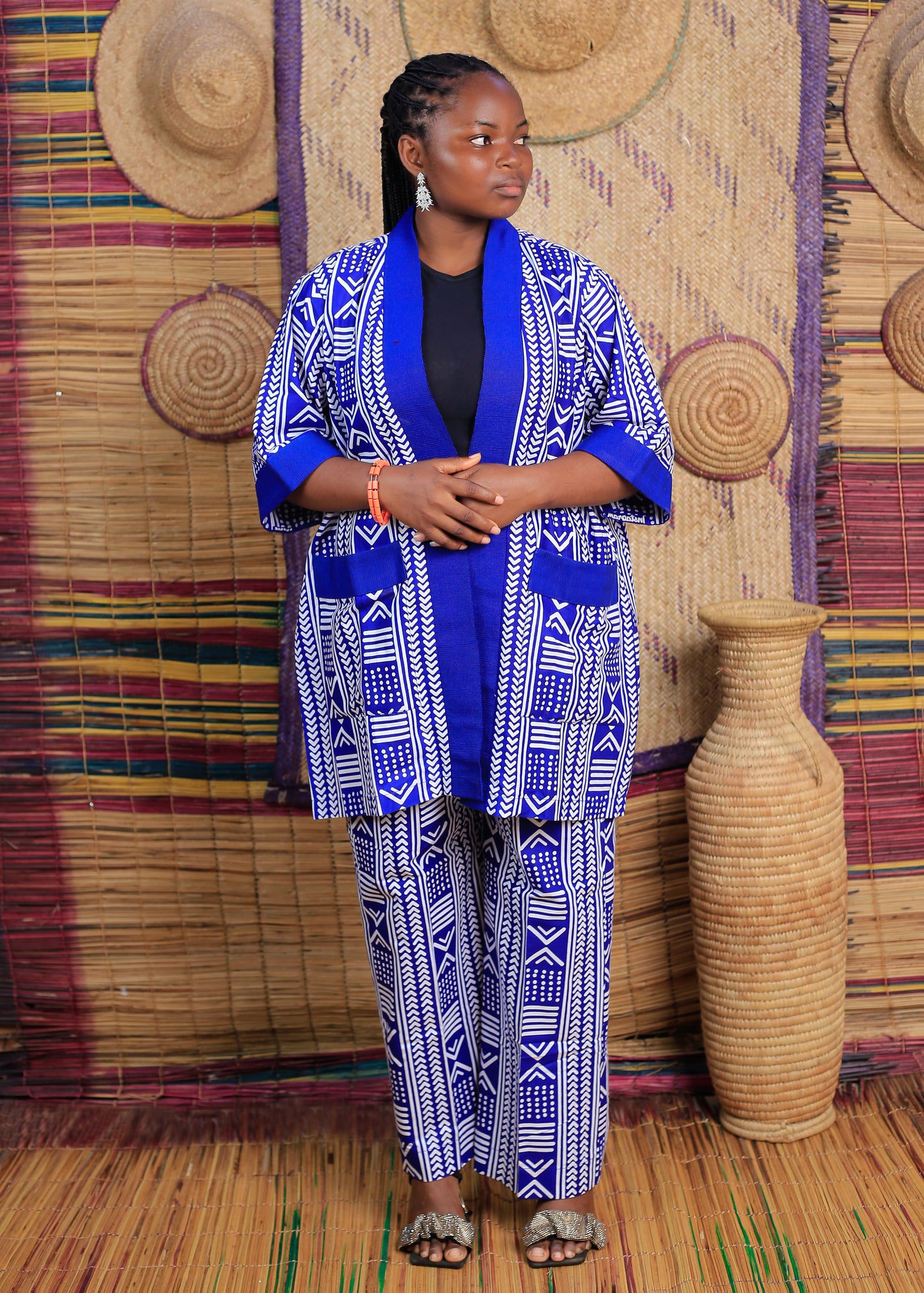Women's Blue Patterned Jacket & Pants Two-Piece Set
