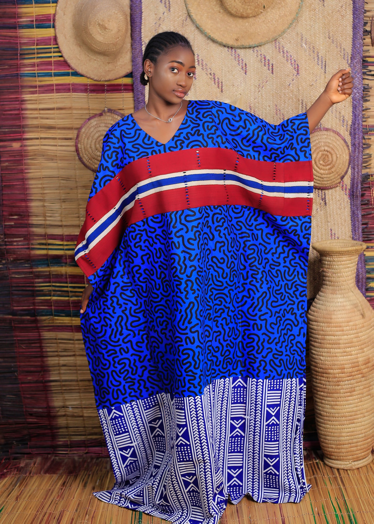 Women's Blue Swirl Pattern Caftan with Red Accents