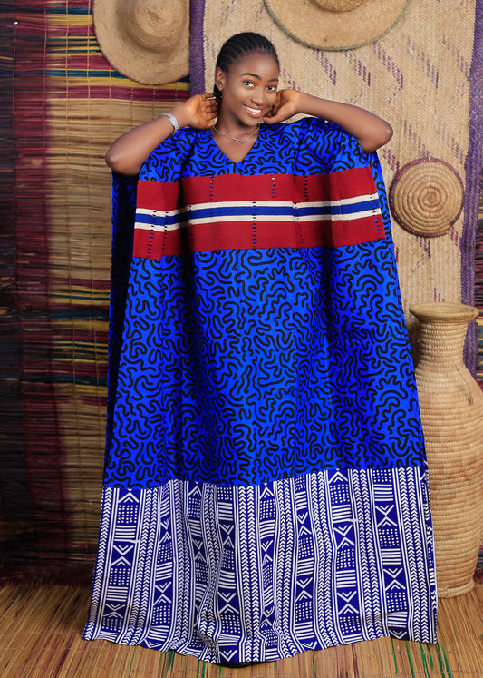 Women's Blue Swirl Pattern Caftan with Red Accents