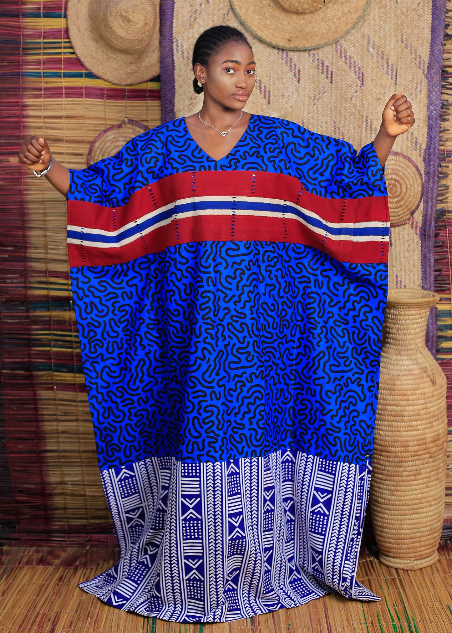 Women's Blue Swirl Pattern Caftan with Red Accents