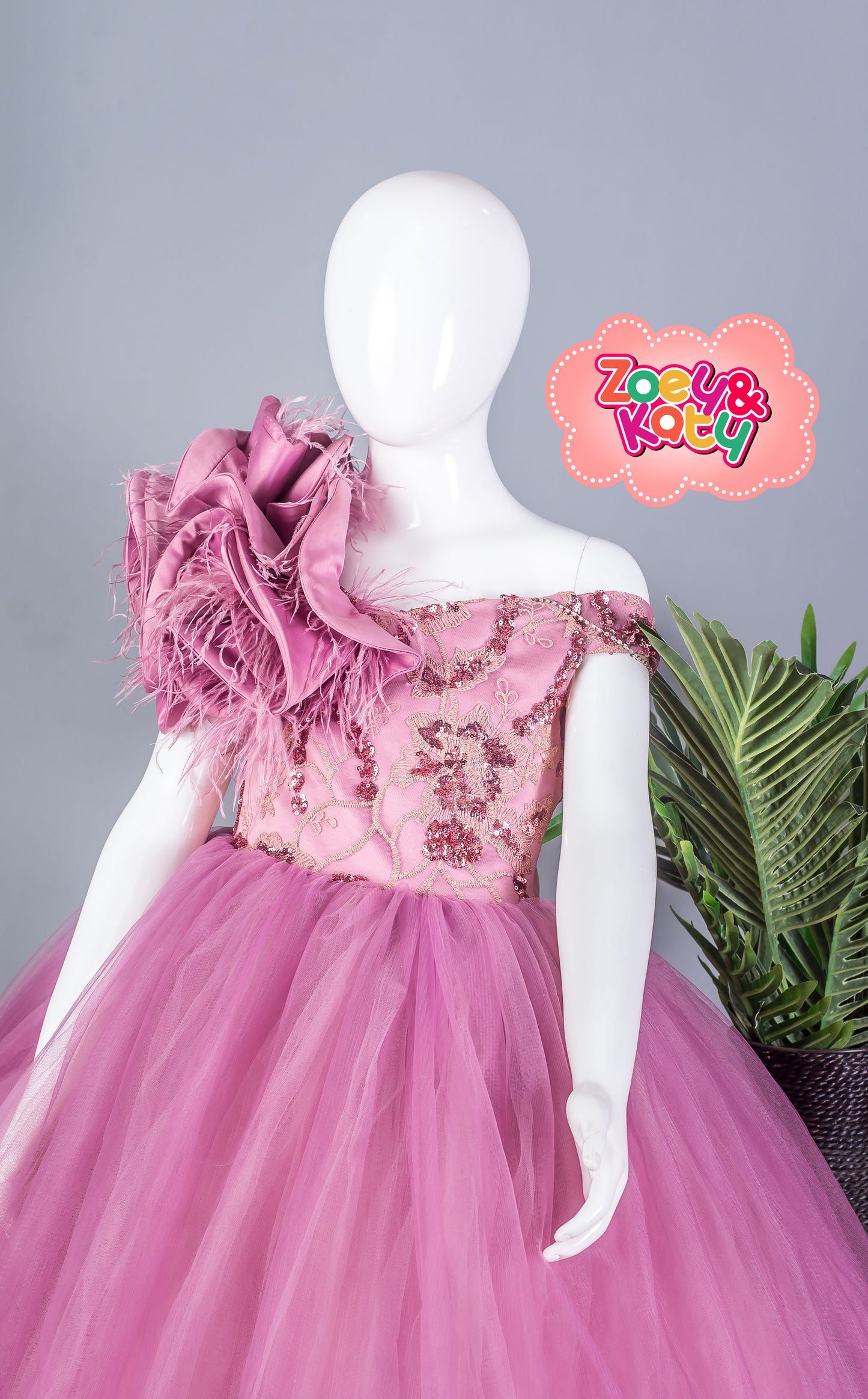 Zoe & Katy Girls Pink Tulle Feather Shoulder Party Dress