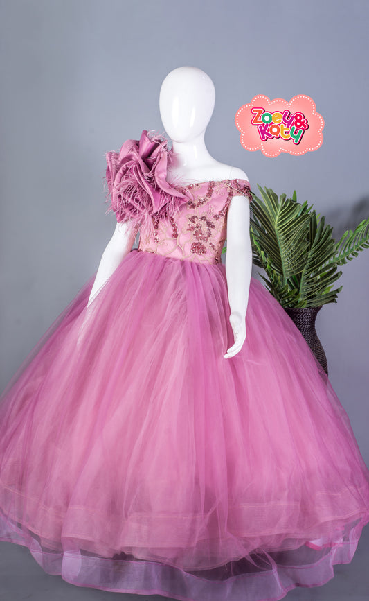 Zoe & Katy Girls Pink Tulle Feather Shoulder Party Dress