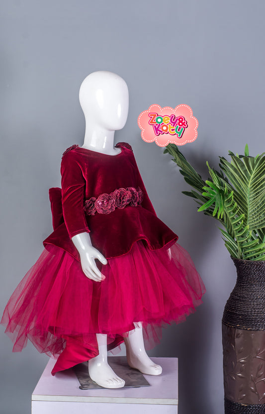 Zoe & Katy Girls Burgundy Velvet Tulle Party Dress with Rose Embellishments