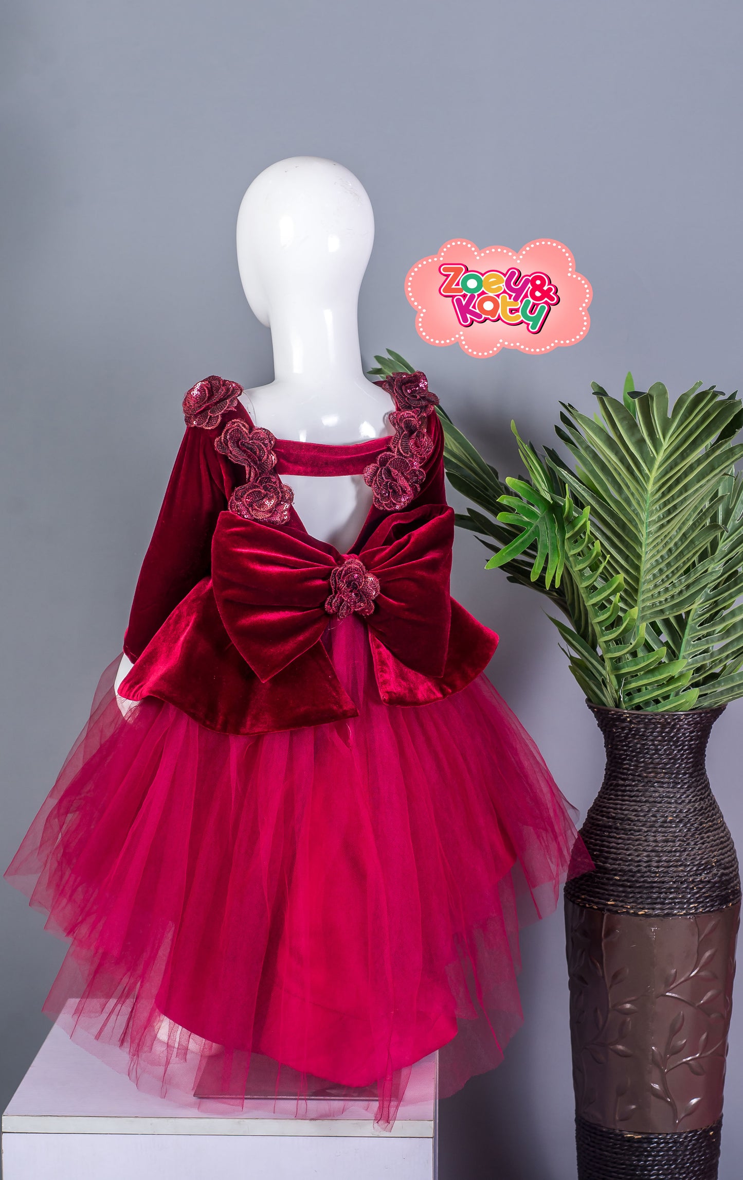 Zoe & Katy Girls Burgundy Velvet Tulle Party Dress with Rose Embellishments